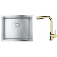 Zestaw Grohe K700 zlewozmywak 50x40 cm z baterią kuchenną Oltens Myvat stal szlachetna/złoty połysk (35205800, 31574SD1)