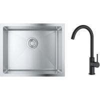 Zestaw Grohe K700 zlewozmywak 50x40 cm z baterią kuchenną Oltens Skafta stal szlachetna/czarny mat (35206300, 31574SD1)