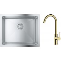 Zestaw Grohe K700 zlewozmywak 50x40 cm z baterią kuchenną Oltens Skafta stal szlachetna/złoty połysk (35206800, 31574SD1)