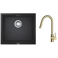 Zestaw Grohe K700 zlewozmywak granitowy 45,7x40,6 cm z baterią kuchenną Oltens Litla czarny granit/złoty połysk (35204800, 31653AP0)