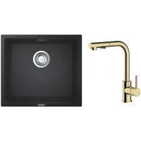 Zestaw Grohe K700 zlewozmywak granitowy 45,7x40,6 cm z baterią kuchenną Oltens Myvat czarny granit/złoty połysk (35205800, 31653AP0)