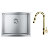 Zestaw Grohe K700 zlewozmywak 55x45 cm z baterią kuchenną Oltens Litla stal szlachetna/złoty połysk (35204800, 31726SD0)