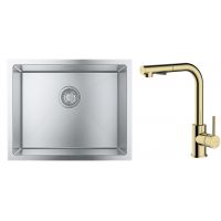 Zestaw Grohe K700 zlewozmywak 55x45 cm z baterią kuchenną Oltens Myvat stal szlachetna/złoty połysk (35205800, 31726SD0)