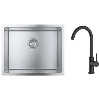 Zestaw Grohe K700 zlewozmywak 55x45 cm z baterią kuchenną Oltens Skafta stal szlachetna/czarny mat (35206300, 31726SD0)
