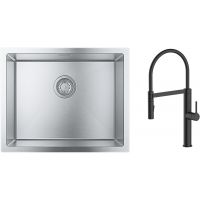 Zestaw Grohe K700 zlewozmywak 55x45 cm z baterią kuchenną Oltens Borga stal szlachetna/czarny mat (35207300, 31726SD0)