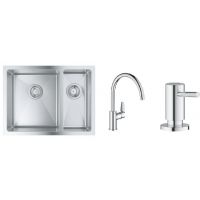Zestaw Grohe K700 zlewozmywak stalowy 59,5x45 cm satyna z baterią kuchenną Start Edge chrom i dozownikiem płynów Cosmopolitan 500 ml (31577SD1, 30529001, 40535000)