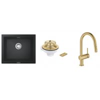 Zestaw Grohe K700 zlewozmywak granitowy 53,3x45,7 cm czarny z baterią kuchenną Grohe Minta i odpływ złoty (31654AP0, 40997GN0, 32321GN2)