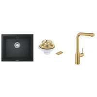Zestaw Grohe K700 zlewozmywak granitowy 53,3x45,7 cm czarny z baterią kuchenną Essence i odpływ złoty (31654AP0, 40997GN0, 30270GN0)