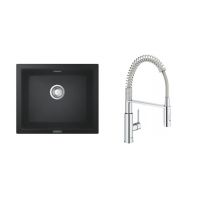 Zestaw Grohe K700 zlewozmywak granitowy 53,3x45,7 cm czarny z baterią kuchenną Get chrom (31654AP0, 30361000)