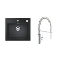 Zestaw Grohe K700 zlewozmywak granitowy 56x51 cm czarny z baterią kuchenną Get chrom (31651AP0, 30361000)