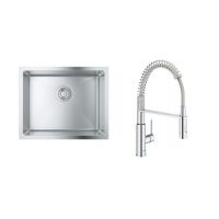 Zestaw zlewozmywak Grohe K700 zlewozmywak stalowy 55x45 cm satyna i bateria kuchenna Get chrom (31574SD1, 30361000)