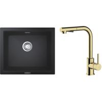 Zestaw Grohe K700U zlewozmywak granitowy 53,3x45,7 cm z baterią kuchenną Oltens Myvat czarny granit/złoty połysk (31654AP0, 35205800)