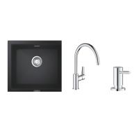 Grohe K700U zlewozmywak granitowy 53,3x45,7 cm z baterią kuchenną Grohe BauEdge i dozownikiem Cosmopolitan czarnychrom (31654AP0, 31367001, 40535000)