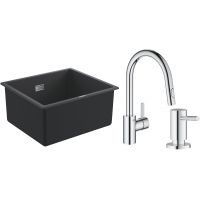 Zestaw Grohe K700 zlewozmywak granitowy 45,7x40,6 cm z baterią kuchenną Eurosmart Cosmopolitan i dozownikiem (1653AP0, 31481001, 40535000)