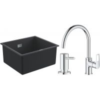 Zestaw Grohe K700 zlewozmywak granitowy 45,7x40,6 cm z baterią kuchenną Bauloop i dozownikiem Cosmopolitan (1653AP0, 31368001, 40535000)