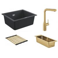 Zestaw Grohe K700 zlewozmywak granitowy czarny z baterią kuchenną Essence z ociekaczem i wkładką ociekową Brushed Cool Sunrise (31654AP0, 30270GN0, 40856GN0, 40852GN0)
