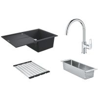 Zestaw Grohe K400 zlewozmywak granitowy czarny z baterią kuchenną Bauloop, z ociekaczem i wkładką ociekową stal (31639AP0, 31368001, 40854SD0, 40853SD0)