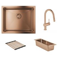 Zestaw Grohe K700U zlewozmywak stalowy Brushed Warm Sunset z baterią kuchenną Minta, ociekaczem i wkładką ociekową (31574DL1, 32321DL2, 40856DL0, 40852DL0)