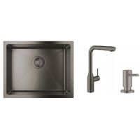 Zestaw Grohe K700U zlewozmywak stalowy Brushed Hard Graphite z baterią kuchenną Essence i dozownikiem płynów Cosmopolitan (31574AL1, 30270AL0, 40535AL0)
