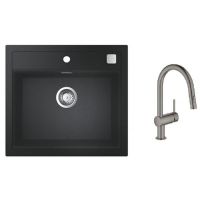 Zestaw Grohe K700 zlewozmywak granitowy czarny z baterią kuchenną Minta Brushed Hard Graphite (31651AP0, 32321AL2, 40400AL0)