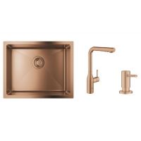 Zestaw Grohe K700U zlewozmywak stalowy Brushed Warm Sunset z baterią kuchenną Essence i dozownikiem płynów Cosmopolitan (31574DL1, 30270DL0, 40535DL0)