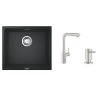 Zestaw Grohe K700 zlewozmywak granitowy czarny z baterią kuchenną Essence stal i dozownikiem płynów Cosmopolitan (31653AP0, 30270DC0, 40535DC0)