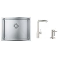 Zestaw Grohe K700 zlewozmywak stalowy z baterią kuchenną Essence stal i dozownikiem Cosmopolitan (31726SD0, 30270DC0, 40535DC0)