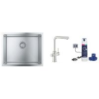 Zestaw Grohe K700 zlewozmywak stalowy z baterią kuchenną Pure Minta stal i filtrem wody Blue (31726SD0, 30601DC0, 40875000)