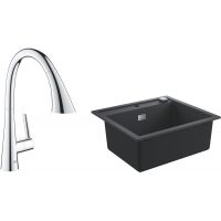 Zestaw Grohe K700 zlewozmywak 56x51 cm czarny granit z baterią kuchenną Zedra chrom (31651AP0, 32294002)