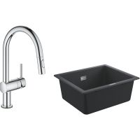 Zestaw Grohe K700 zlewozmywak 53,3x45,7 cm czarny granit z baterią kuchenną elektroniczną Minta Touch chrom (31654AP0, 31358002)