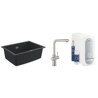 Zestaw Grohe K700 zlewozmywak 61x46 cm czarny granit z baterią kuchenną filtrującą Blue Home stal nierdzewna (31655AP0, 31539DC0)