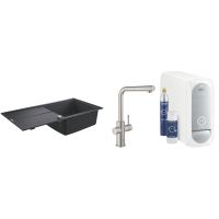 Zestaw Grohe K400 zlewozmywak 100x50 cm czarny granit z baterią kuchenną filtrującą Blue Home stal nierdzewna (31641AP0, 31539DC0)
