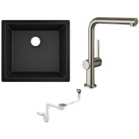 Zestaw Hansgrohe S510-U450 zlewozmywak granitowy czarny z baterią kuchenną stal i syfon (43431170, 72809800, 43921800)