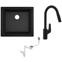 Zestaw Hansgrohe S510-U450 zlewozmywak granitowy czarny z baterią kuchenną i syfon (43431170, 31815670, 43927000)