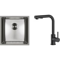Zestaw Oltens Stalvask zlewozmywak stalowy 44x44 cm z baterią kuchenną Myvat stal polerowana/czarny mat (71100100, 35205300)