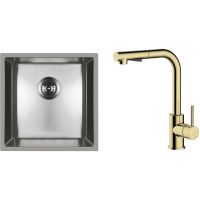 Zestaw Oltens Stalvask zlewozmywak stalowy 44x44 cm z baterią kuchenną Myvat stal polerowana/złoty połysk (71100100, 35205800)