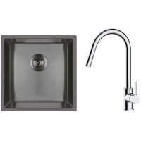 Zestaw Oltens Stalvask zlewozmywak stalowy 44x44 cm z baterią kuchenną Litla czarny/chrom (71100300, 35204100)