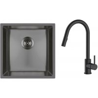 Zestaw Oltens Stalvask zlewozmywak stalowy 44x44 cm z baterią kuchenną Litla czarny/czarny mat (71100300, 35204300)