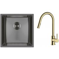 Zestaw Oltens Stalvask zlewozmywak stalowy 44x44 cm z baterią kuchenną Litla czarny/złoty połysk (71100300, 35204800)