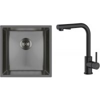 Zestaw Oltens Stalvask zlewozmywak stalowy 44x44 cm z baterią kuchenną Myvat czarny/czarny mat (71100300, 35205300)