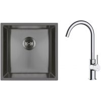 Zestaw Oltens Stalvask zlewozmywak stalowy 44x44 cm z baterią kuchenną Skafta czarny/chrom (71100300, 35206100)