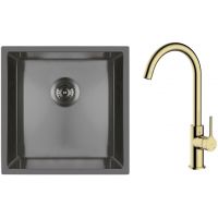 Zestaw Oltens Stalvask zlewozmywak stalowy 44x44 cm z baterią kuchenną Skafta czarny/złoty połysk (71100300, 35206800)