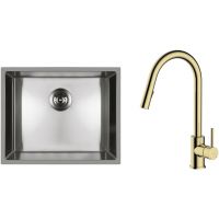 Zestaw Oltens Stalvask zlewozmywak stalowy 54x44 cm z baterią kuchenną Litla stal polerowana/złoty połysk (71101100, 35204800)