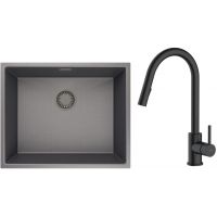 Zestaw Oltens Stalvask zlewozmywak stalowy 54x44 cm z baterią kuchenną Litla czarny/czarny mat (71101300, 35204300)