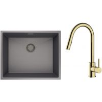 Zestaw Oltens Stalvask zlewozmywak stalowy 54x44 cm z baterią kuchenną Litla czarny/złoty połysk (71101300, 35204800)