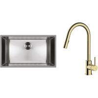 Zestaw Oltens Stalvask zlewozmywak stalowy 76x44 cm z baterią kuchenną Litla stal polerowana/złoty połysk (71102100, 35204800)
