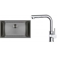 Zestaw Oltens Stalvask zlewozmywak stalowy 76x44 cm z baterią kuchenną Myvat czarny/chrom (71102300, 35205100)