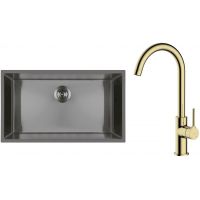 Zestaw Oltens Stalvask zlewozmywak stalowy 76x44 cm z baterią kuchenną Skafta czarny/złoty połysk (71102300, 35206800)