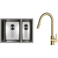 Zestaw Oltens Stalvask zlewozmywak stalowy 58x44 cm z baterią kuchenną Litla stal polerowana/złoty połysk (71200100, 35204800)