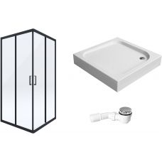 Zestaw Deante Funkia kabina prysznicowa 80 cm kwadratowa z brodzikiem Corner i syfonem czarny/szkło przezroczyste (KYCN42K, KTC042B, NHC025C)